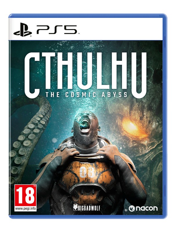 Cthulhu: The Cosmic Abyss for PS5 features a dark blue case, a dramatic cover art with a man in a diving suit, and eerie Cthulhu imagery in the background, emphasizing horror themes.