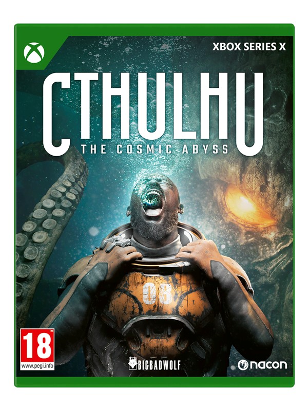 Cthulhu: The Cosmic Abyss for Xbox Series X features a dark, eerie cover with a submerged figure in a suit, tentacles in the background, and bold white text on a green case.