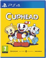 Cuphead PS4 game case featuring a bright yellow background, cartoon characters Cuphead and Mugman in black, white, and red, with a trophy and a blue character on the side.