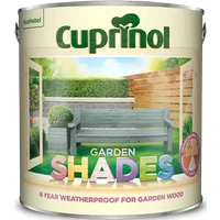 Cuprinol Garden Shades 2.5L paint can, Forget Me Not color, with garden scene and colorful "SHADES" text.