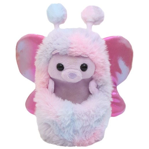 Curlimals Flutter Wonders Bella Bear features a soft, plush body in pastel pink and blue, with butterfly wings and antennae, designed as an interactive electronic pet.
