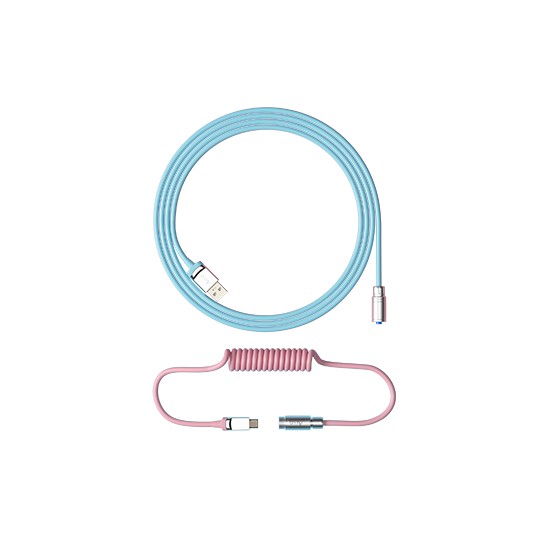 Custom coiled aviator cable in light blue with a smooth finish, featuring a pink coiled section and USB connectors on both ends for versatile connectivity.