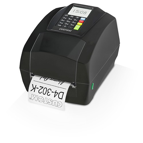 Black wired thermal printer with a keypad and display, featuring a paper output slot showing a printed label with "CUSTOM D4 302-K" text.