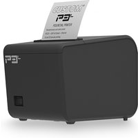 Black CUSTOM P3L wired thermal POS printer with 203 x 203 DPI resolution, featuring a compact design and printed receipt.