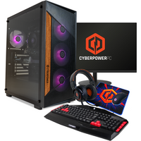 CyberPower gaming PC with RGB fans, AMD Ryzen 5, RTX 5060, 16GB RAM, 1TB SSD, 23.8" monitor, keyboard, mouse, headset.