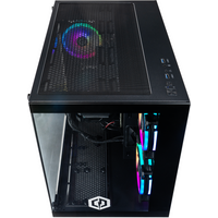 Black CyberPower gaming PC with RGB fans, transparent side panel, top mesh design, and front logo.