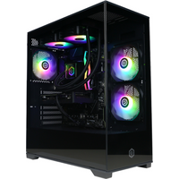 Black CyberPower gaming PC with RGB fans, transparent side panel, and sleek design.