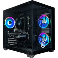 Black CyberPower Ark PC with RGB fans, transparent side panel, and compact design.