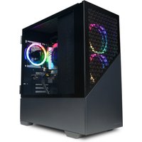Black CyberPower gaming PC with RGB lights, transparent side panel, mesh front, and angular design.