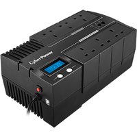 Black CyberPower UPS with LCD display, multiple outlets, and red power button on the front.