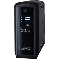 Black CyberPower UPS with LCD display showing power status and control buttons on the front panel.