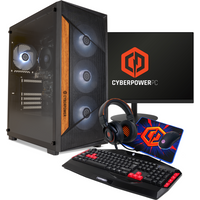 CyberPower Eurus desktop with glass panel, RGB fans, keyboard, mouse, headset, and 23.8-inch monitor.