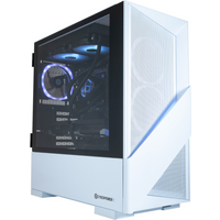 White CyberPower PC tower with glass side panel, LED-lit interior, featuring Ryzen 7, 32GB RAM, RTX 5090.