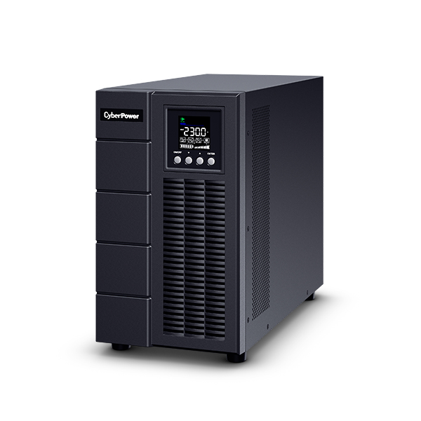 Black CyberPower OLS3000EA Uninterruptible Power Supply with a digital display, buttons, and a vented side panel, designed for double-conversion power protection.