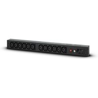 Black CyberPower PDU with 12 AC outlets, rectangular design, and LED indicators on the front panel.