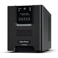 Black CyberPower PR1500ELCD UPS with LCD display, control buttons, and vented sides.