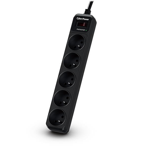 Black CyberPower Tracer III B0520SC0-FR surge protector with five AC outlets, featuring a power indicator light and a sleek, durable design.