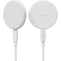 White Cygnett ChargePuck Qi2.0 wireless charger with round design, USB connection, and sleek finish.