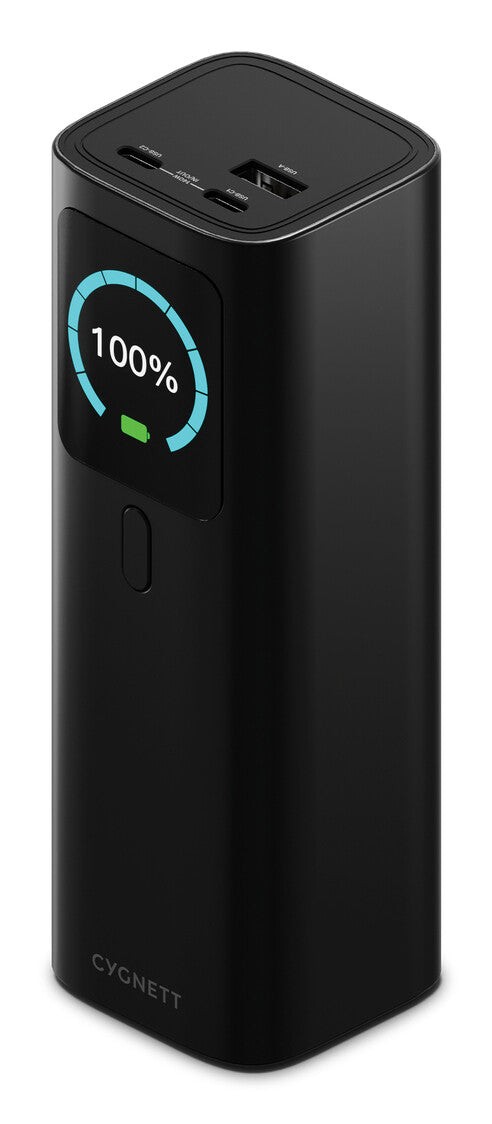 Black Cygnett CY5381PBCHE power bank with a sleek design, featuring a digital display showing 100% charge, two USB ports, and a textured finish.