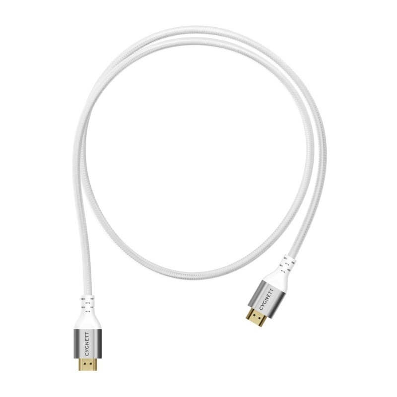Cygnett Unite 1.5m HDMI cable in white, featuring a braided design with gold-plated connectors at both ends for enhanced durability and performance.