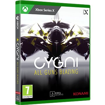 Green Xbox Series X game case featuring "CYGNI: All Guns Blazing" title, with a sleek fighter jet design in black and yellow, and logos for PEGI, Konami, and Keel Works.