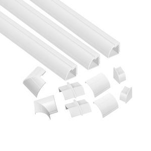 Three white D-Line quadrant trunking lengths (22mm x 22mm, 1 metre each) with various accessories for cable management, featuring smooth, durable plastic construction.