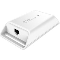 White D-Link 1-Port Gigabit 30W PoE Injector with Ethernet port and sleek, angled design.