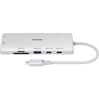 Silver D-Link 10-in-1 USB-C Hub with multiple ports, including HDMI, USB, and SD card slots, attached cable.