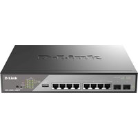 Black D-Link 10-Port Gigabit Ethernet PoE++ Surveillance Switch with front LED indicators and multiple network ports.