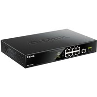 Black D-Link 10-Port Gigabit PoE Unmanaged Switch with LED indicators and Ethernet ports on the front panel.