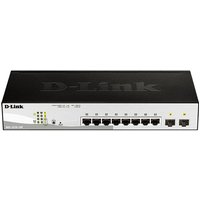 Black D-Link 10-port Gigabit switch with 2 SFP ports, LED indicators, and sleek rectangular design.