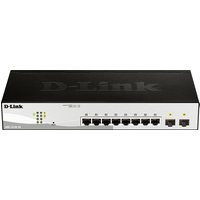 D-Link 10-Port Gigabit Smart Managed Switch, black with 8 Ethernet ports and 2 SFP ports, LED indicators on front.