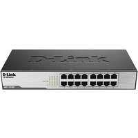 D-Link 16-Port Fast Ethernet Switch, black and silver, with LED indicators and ports on the front panel.