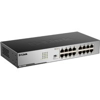 Black and silver D-Link 16-port Gigabit unmanaged desktop switch with LED indicators and ventilation slots.