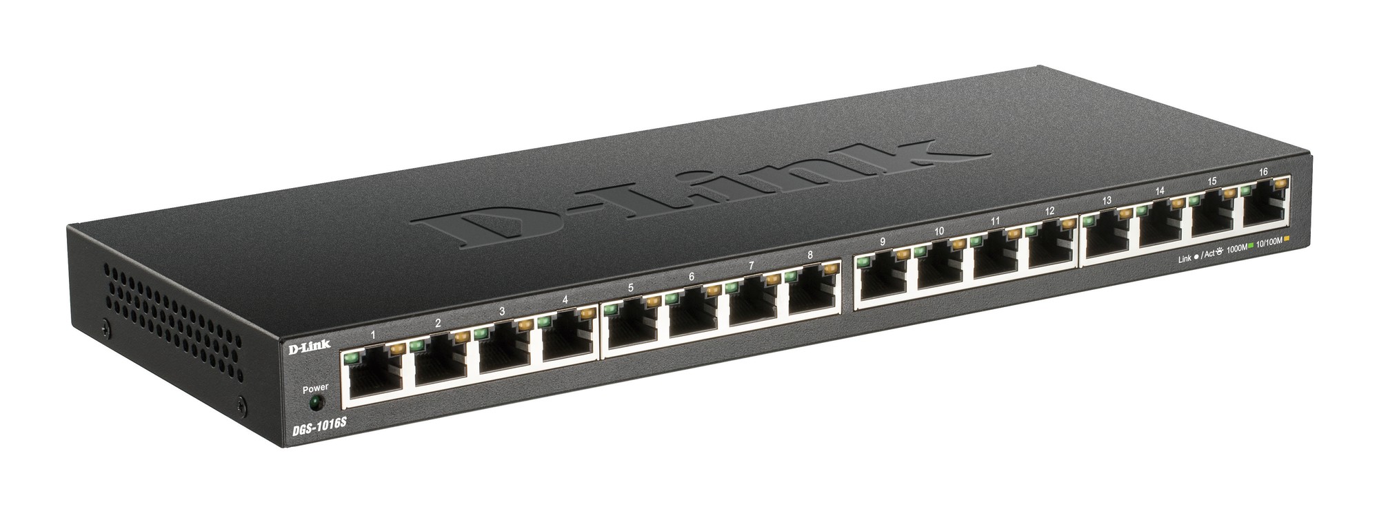 Black 16-port unmanaged gigabit Ethernet switch with a sleek metal casing, featuring labeled ports and LED indicators for network status.
