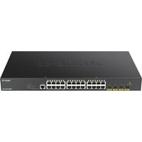 Black D-Link 24-port Gigabit PoE switch with 4 yellow 10G SFP+ ports, sleek design, and 370W power capacity.