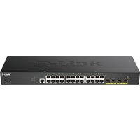 Black D-Link 24-port Gigabit switch with 4 yellow 10G SFP+ ports and logo on top.