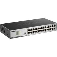 Black and silver D-Link 24-port gigabit unmanaged desktop switch with LED indicators and ventilation slots.