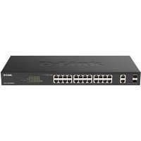 Black D-Link 26-Port PoE+ Gigabit Smart Managed Switch with front-facing ports and LED indicators.