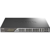 D-Link 28-Port Gigabit Ethernet PoE++ Surveillance Switch, black with LED indicators and multiple network ports.