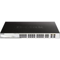 Black and silver D-Link 28-port gigabit PoE smart managed switch with 4 combo ports on front panel.