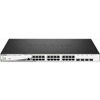 Black and silver D-Link 28-Port Gigabit PoE+ switch with 4 combo ports, rack-mountable design.