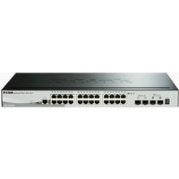 D-Link 28-port black switch with 4 x 10G SFP+ ports, stackable design, and smart management features.