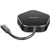 Black D-Link 4-in-1 USB-C Hub with HDMI port, power delivery, and compact hexagonal design.