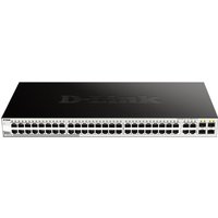 Black D-Link 48-port gigabit switch with 4 combo 1000BASE-T/SF ports, sleek design, and LED indicators