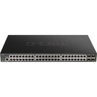 Black D-Link 48-port Gigabit switch with 4 x 10G SFP+ ports, compact design, and 370W power capacity.