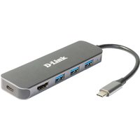 Gray D-Link 5-in-1 USB-C Hub with HDMI, three USB ports, and power delivery port, compact design with short cable.