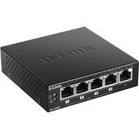 Black D-Link 5-Port Desktop Gigabit PoE+ Switch with vented sides and labeled Ethernet ports on the front panel.