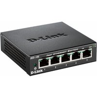 Black D-Link 5-Port Fast Ethernet Unmanaged Switch with LED indicators and labeled Ethernet ports.