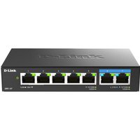 Black D-Link 7-Port Multi-Gigabit Unmanaged Switch with LED indicators and Ethernet ports on the front panel.